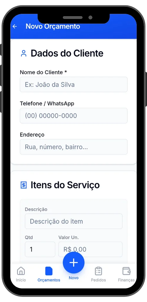 Tela do Orçamento Fácil para criar orçamento profissional pelo celular