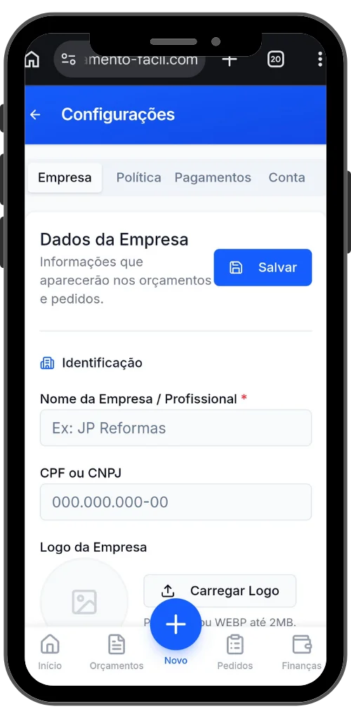Tela de dados da empresa no Orçamento Fácil para configurar informações que aparecem no orçamento