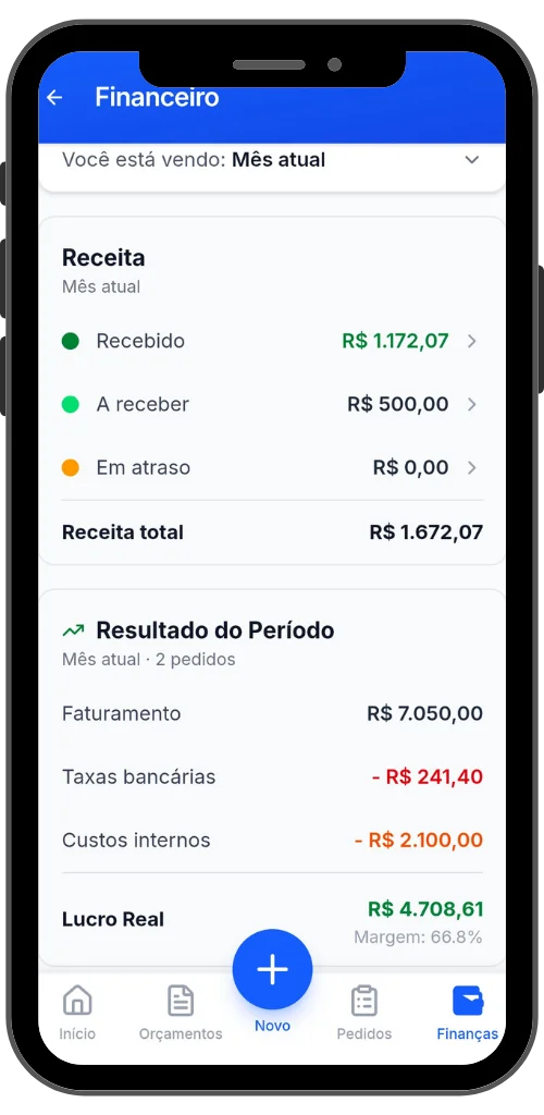 Tela financeira do Orçamento Fácil com lucro real