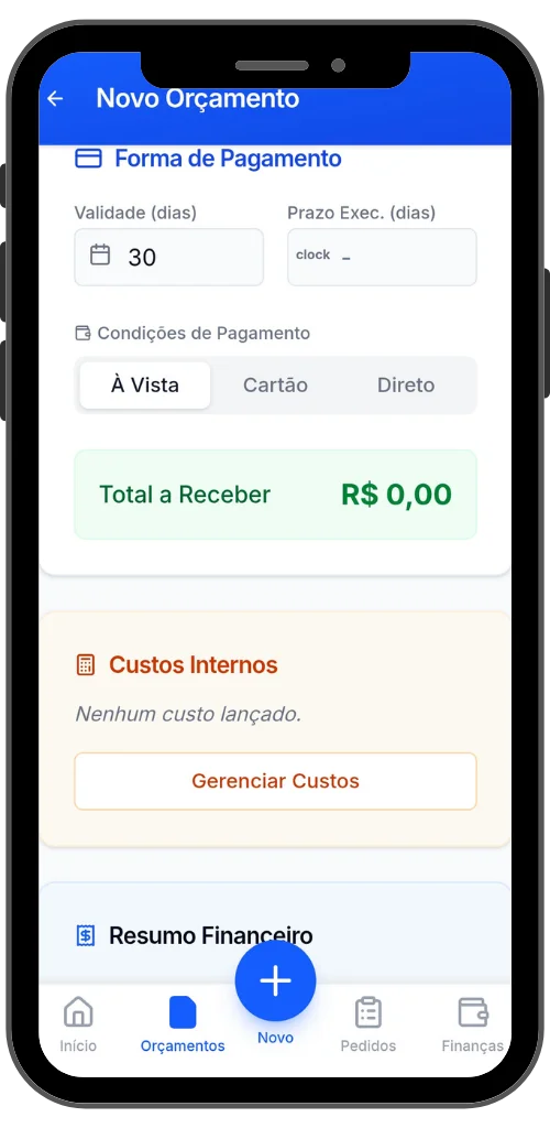 Tela do Orçamento Fácil mostrando forma de pagamento e custos internos sem dados pessoais
