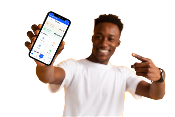 Profissional a mostrar o app Orçamento Fácil